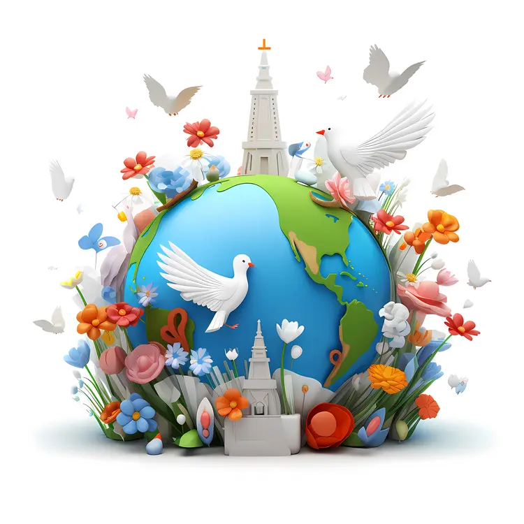 White Doves Around the Globe with Flowers
