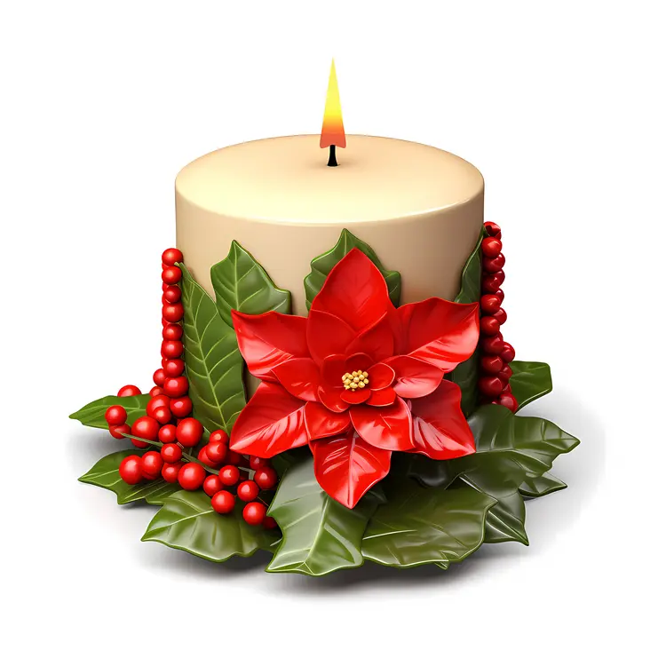 White Candle with Red Flower and Green Leaves for Christmas Decoration