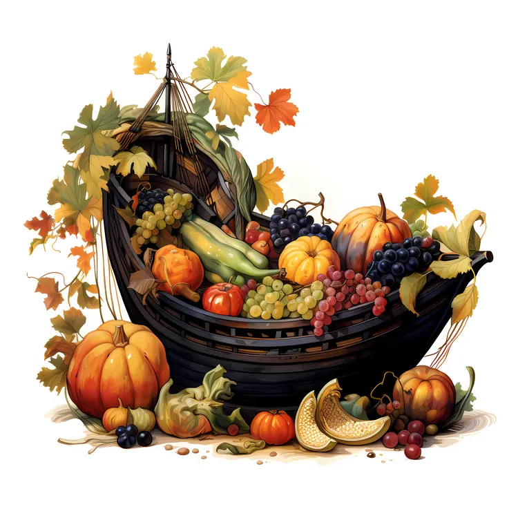 Autumn Harvest Fruit Basket with Grapes and Pumpkin