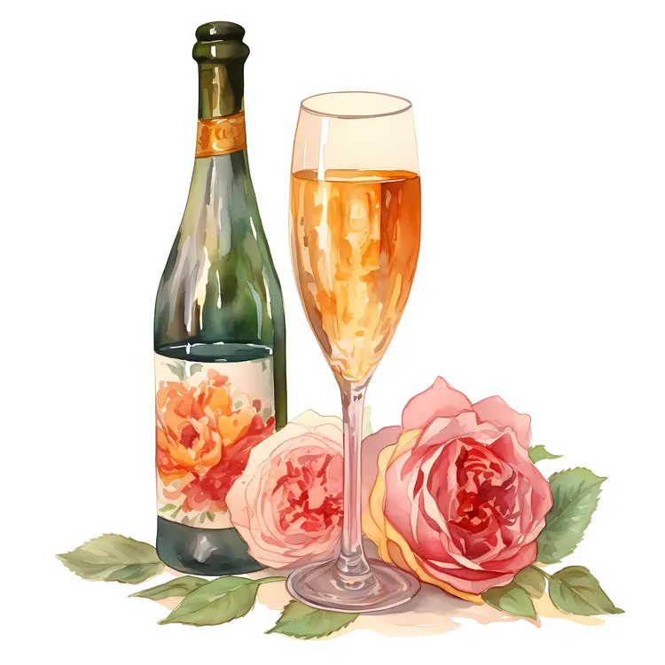 Champagne Bottle with Roses Illustration
