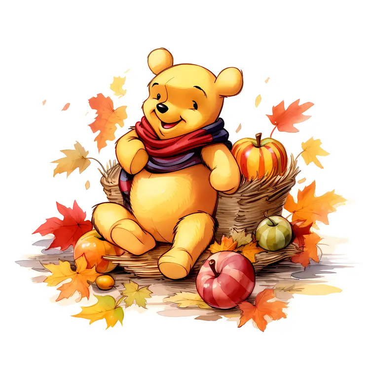 Yellow Bear with Scarf and Pumpkins