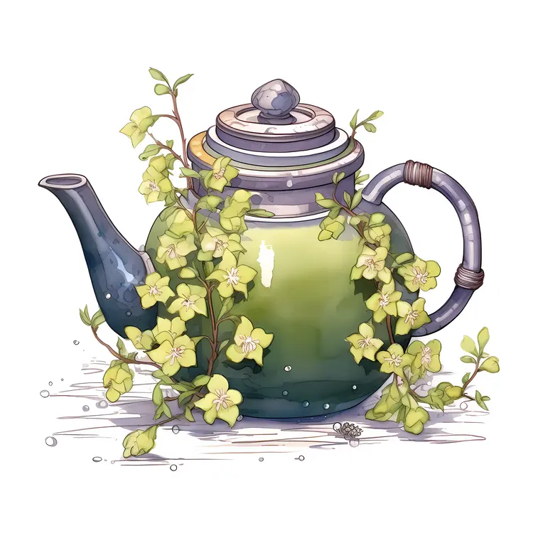 Green Teapot with Flowers Illustration