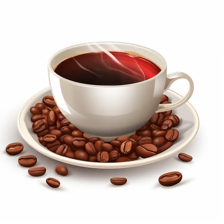 Steaming Coffee Cup with Beans on Saucer