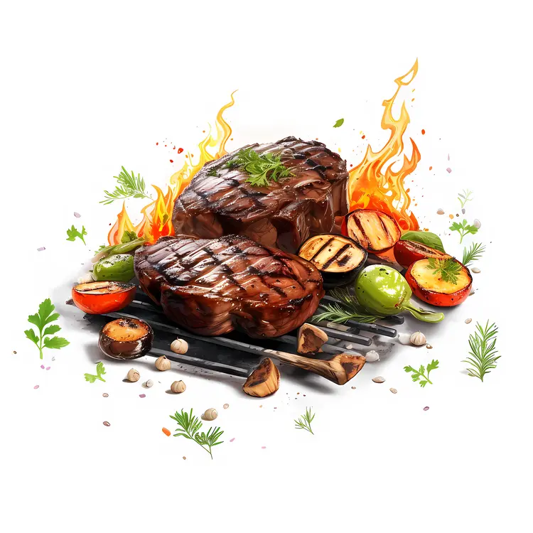 Grilled Meat and Vegetables on Fire