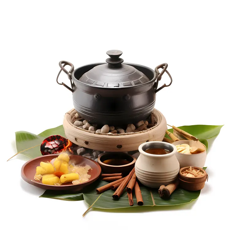 Traditional Cooking Pot with Ingredients and Spices