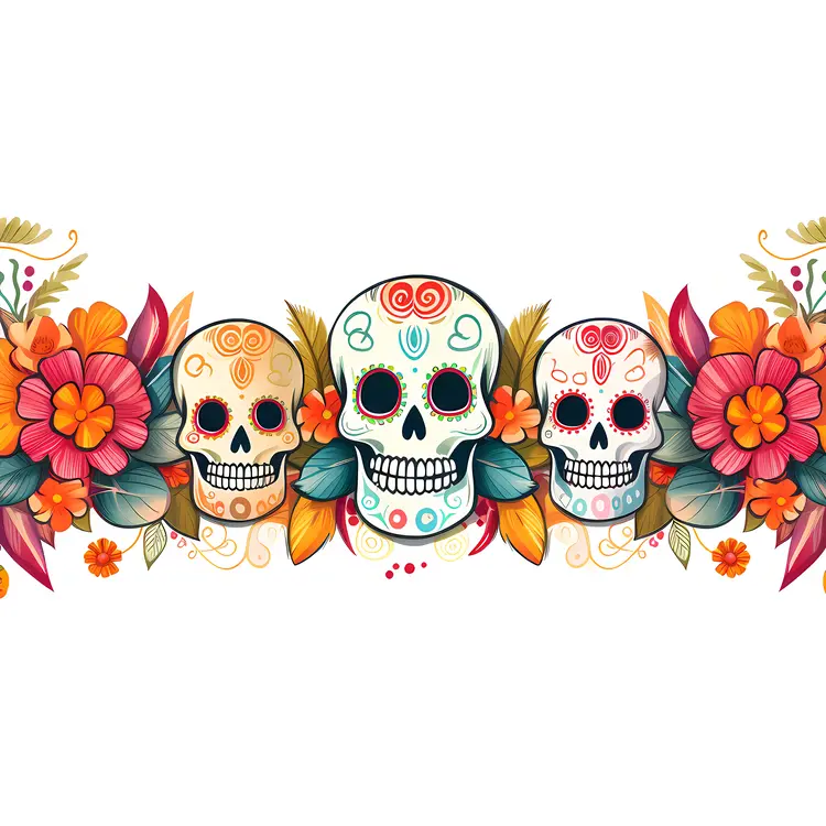 Three Colorful Sugar Skulls with Flowers