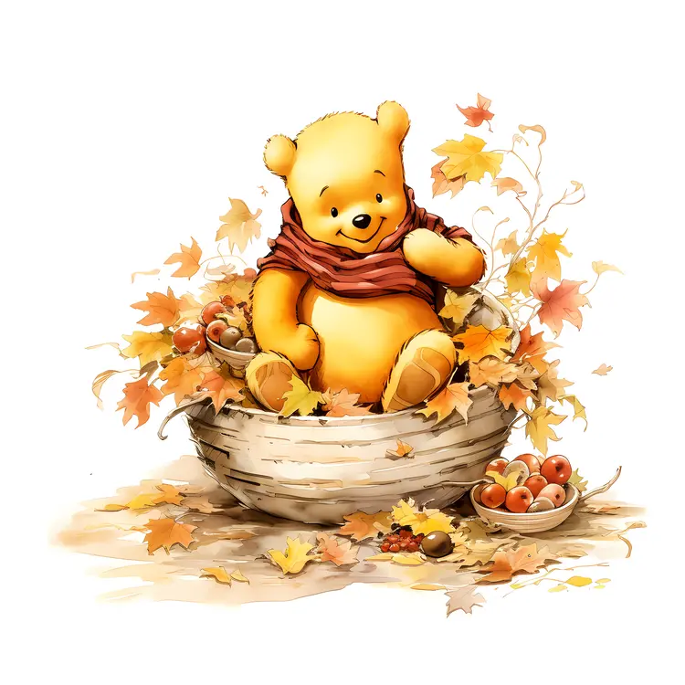 Winnie the Pooh in Basket with Autumn Leaves