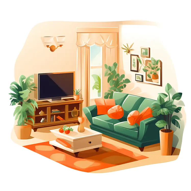 Cozy Living Room with Green Sofa and Plants