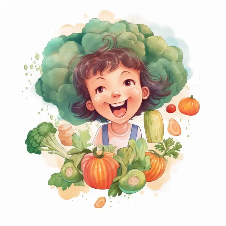 Happy Cartoon Girl with Vegetables