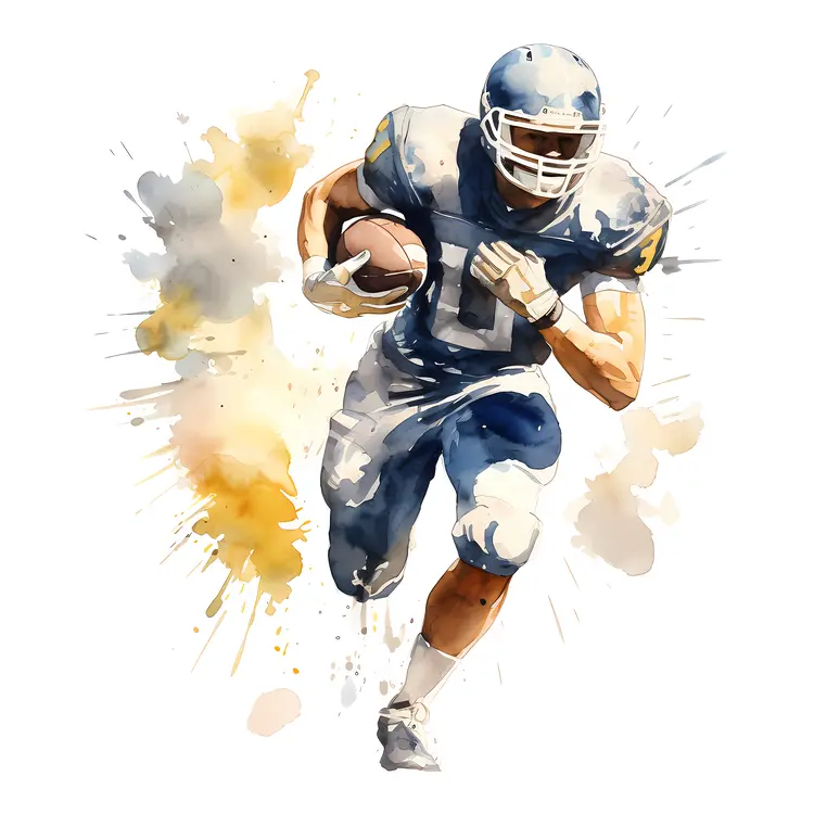 Football Player in Blue Jersey Running with Ball