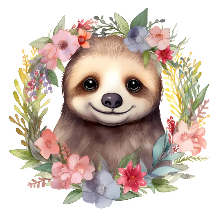 Cute Sloth with Floral Wreath Illustration