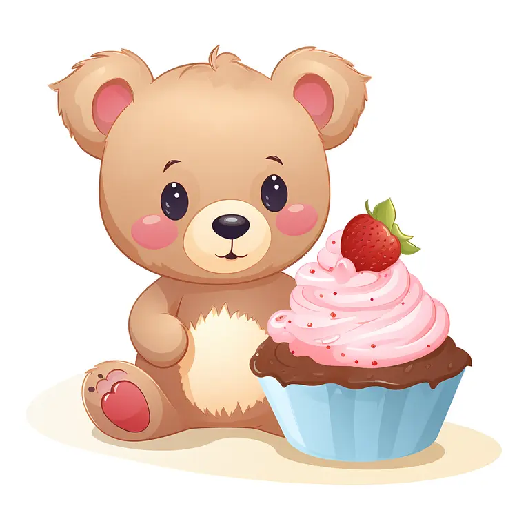 Cute Teddy Bear with Cupcake Illustration