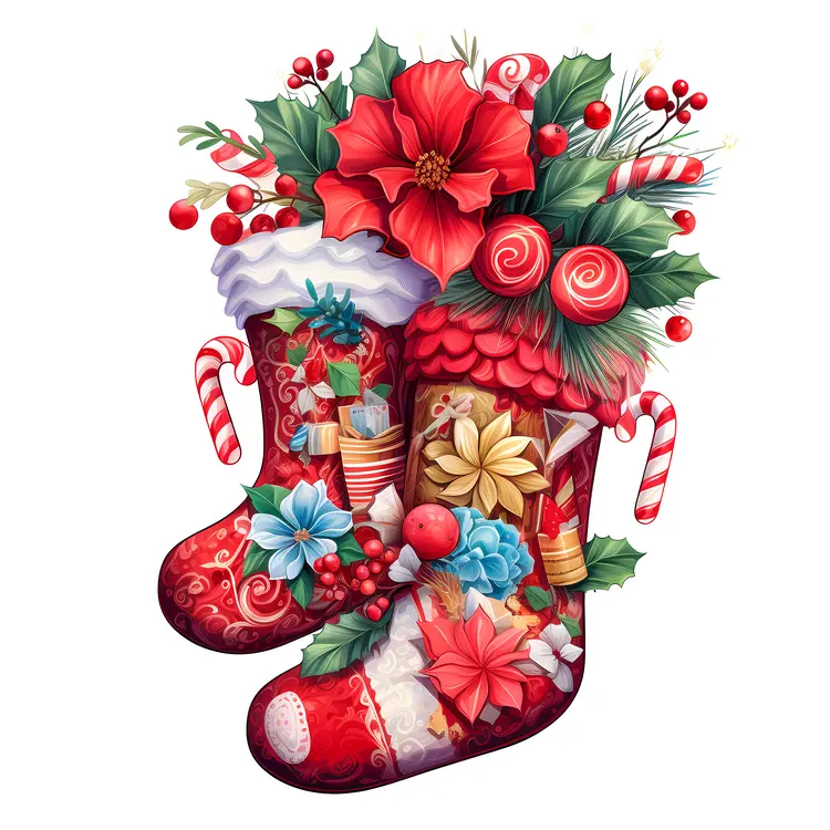 Pair of Red Christmas Stockings with Flowers and Candy Canes