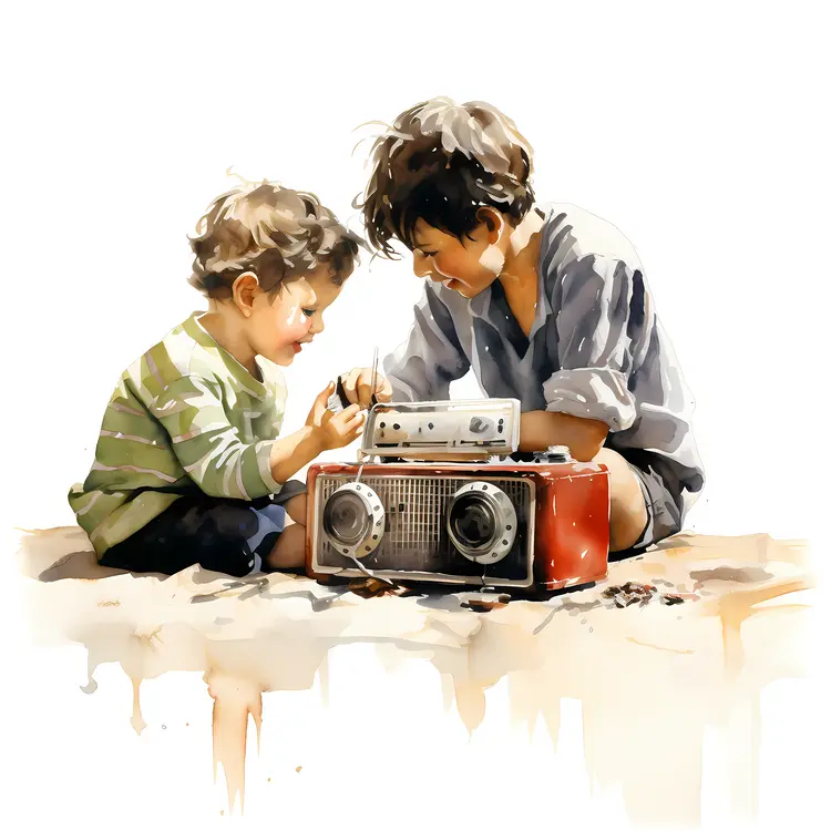 Children Playing with Vintage Radio