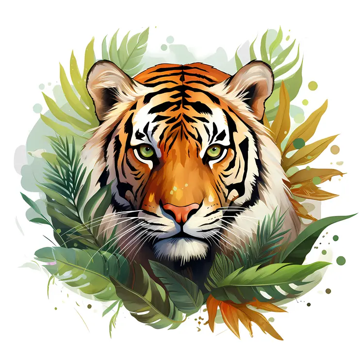 Tiger Head with Jungle Leaves