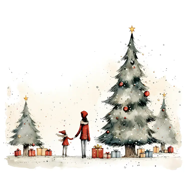 Family with Christmas Tree and Gifts