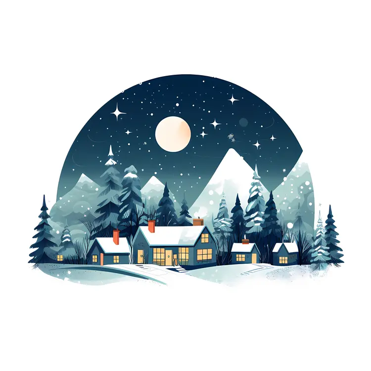 Snowy Village in Winter Night
