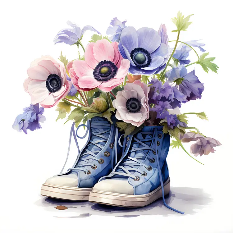 Pink and Purple Flowers in Blue Sneakers