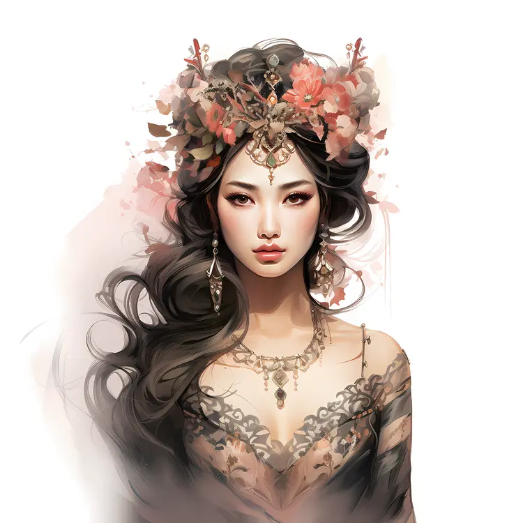 Young Woman in Floral Headpiece with Jewelry