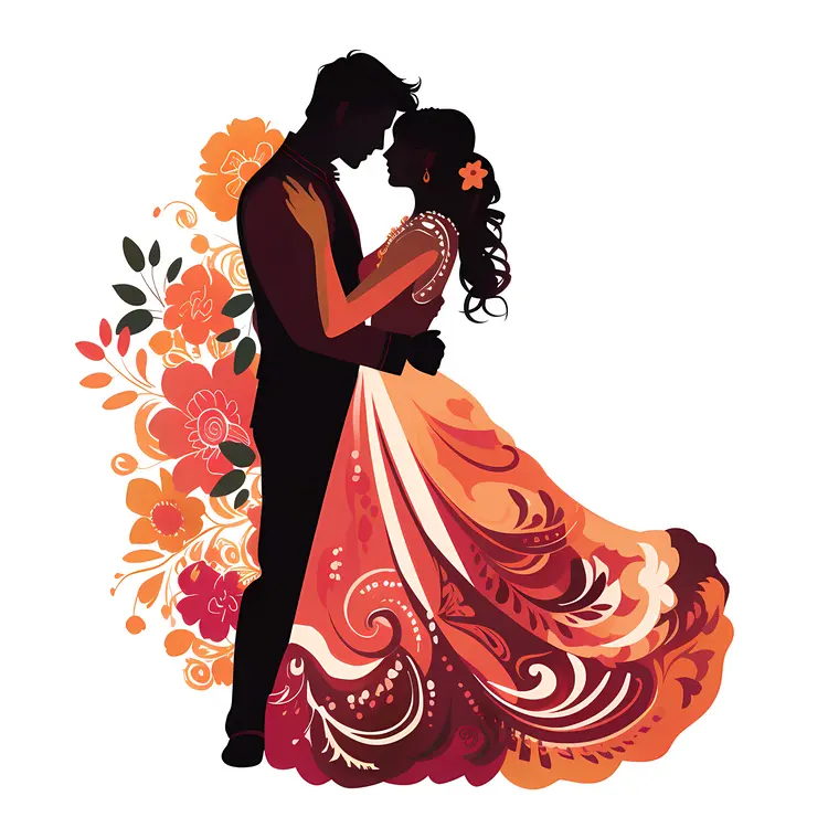 Silhouette of Indian Wedding Couple with Floral Background
