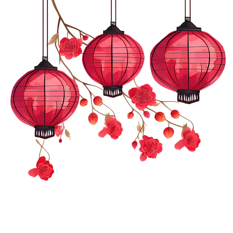 Traditional Red Chinese Lanterns with Flowers for Chinese New Year