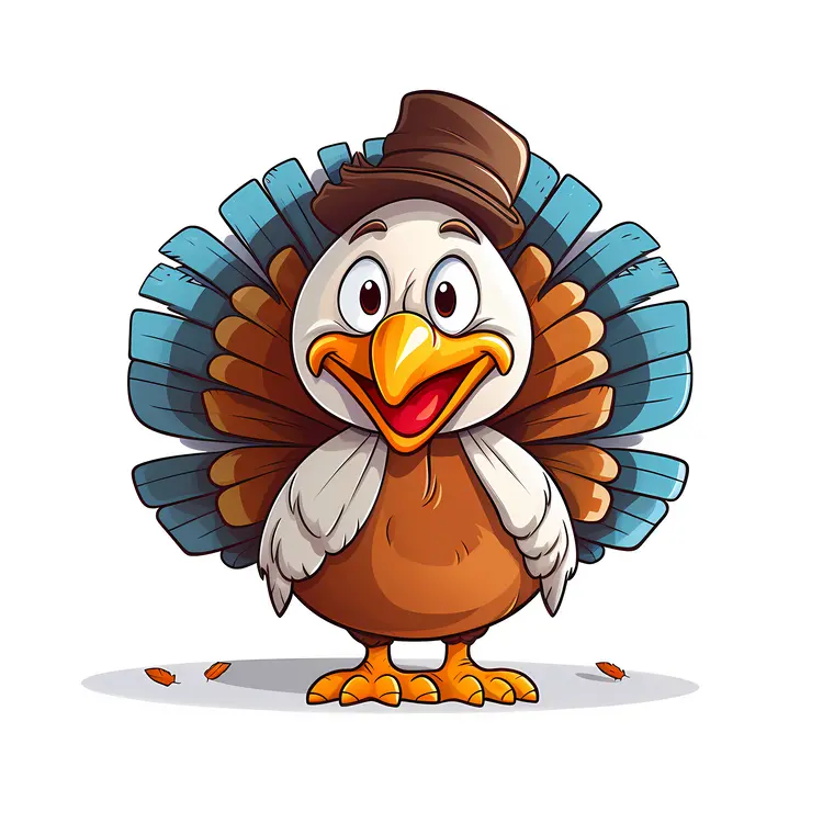 Cartoon Turkey with Hat and Colorful Feathers