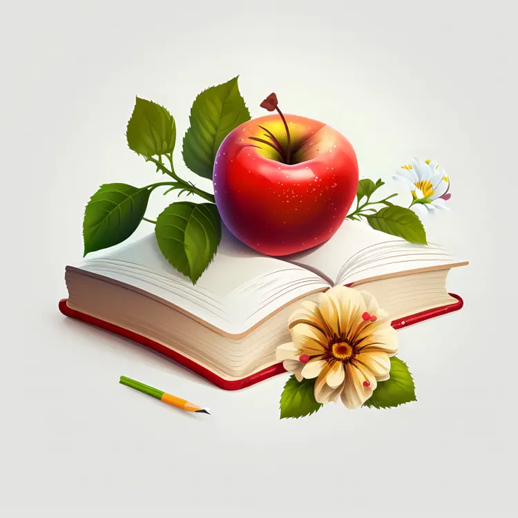 Apple on Open Book with Flower