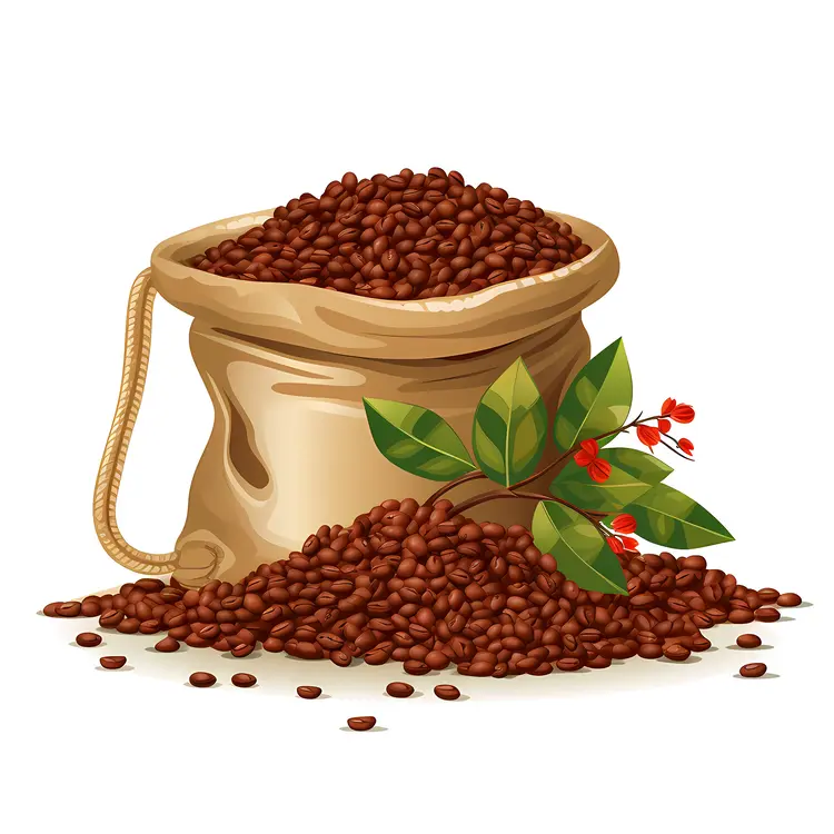 Bag of Coffee Beans with Red Berries and Leaves