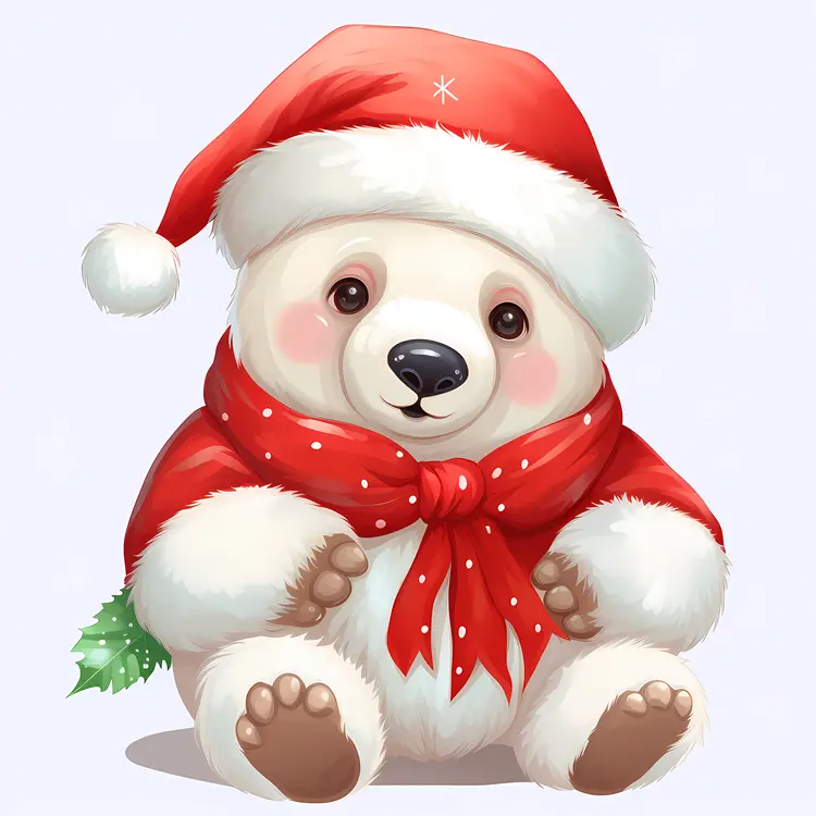 Christmas Bear in Santa Hat and Scarf