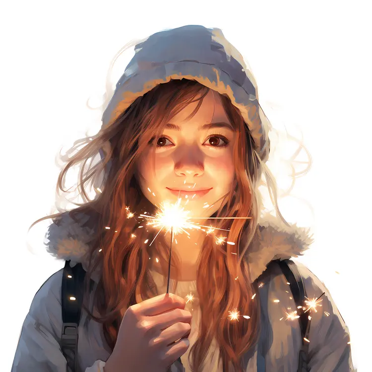 Illustration of Girl in Hoodie Holding Sparkler