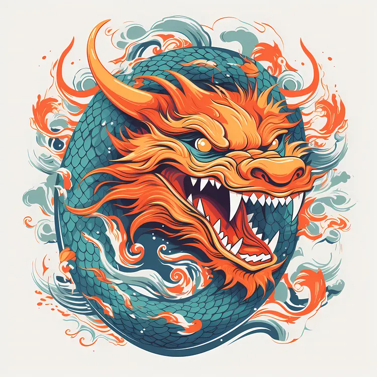 Green and Orange Dragon Illustration with Fierce Expression