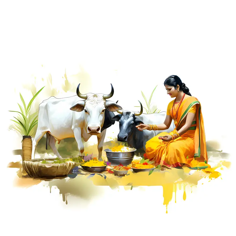 Traditional Scene of Woman Feeding Cows