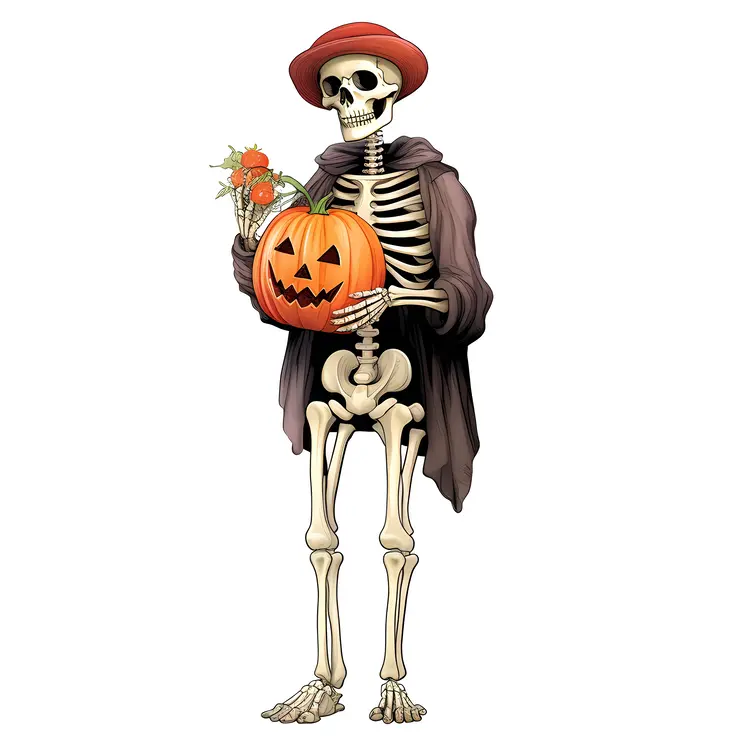 Skeleton with Hat Holding a Pumpkin and Flowers