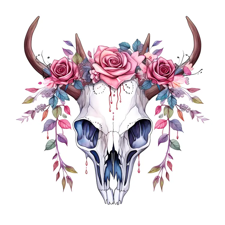 Decorative Skull with Flowers and Horns