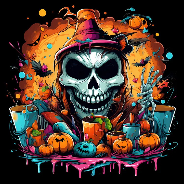 Skeleton with Witch Hat and Pumpkins