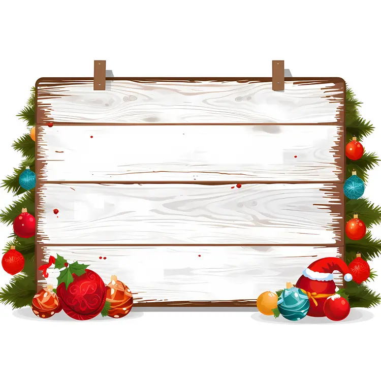 Christmas Wooden Sign with Ornaments and Santa Hat