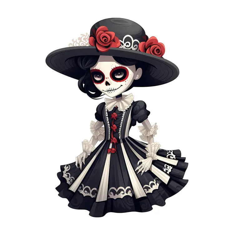 Cute Sugar Skull with Hat and Roses