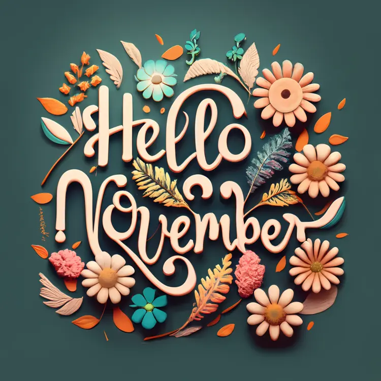 Hello November with Colorful Flowers and Leaves