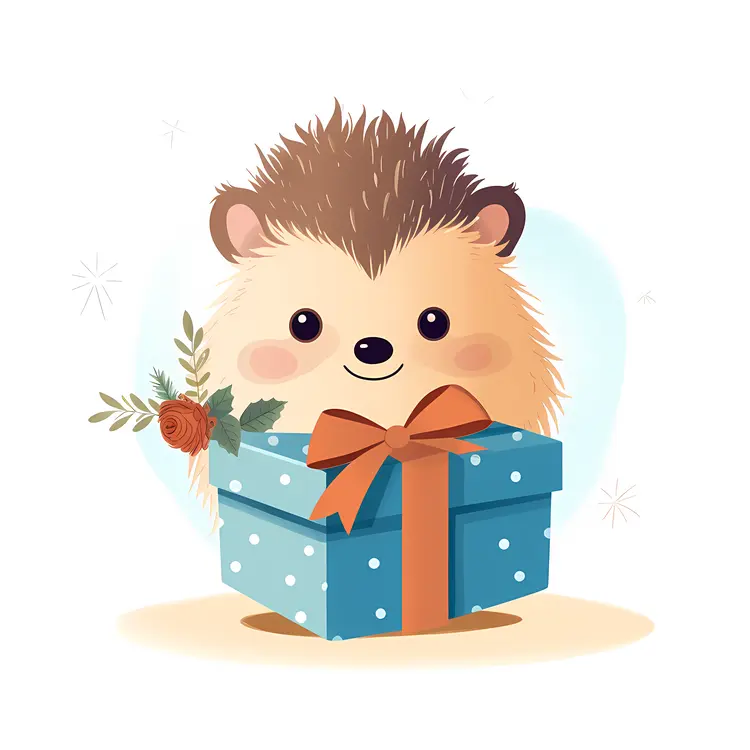 Cute Hedgehog with Gift and Polka Dots