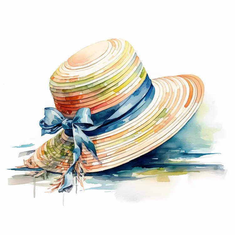 Watercolor Straw Hat with Blue Ribbon for Summer