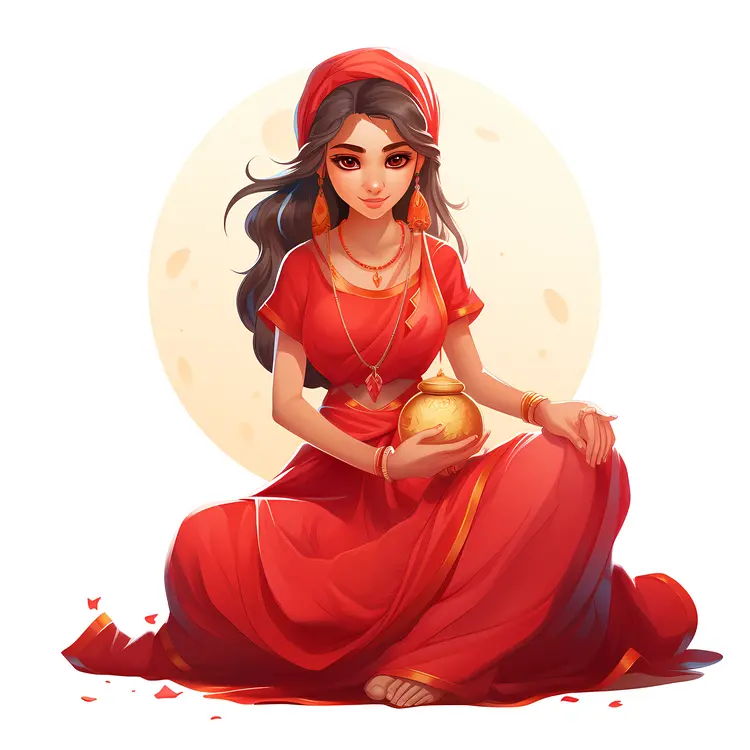 Girl in Red Dress Holding Gold Pot