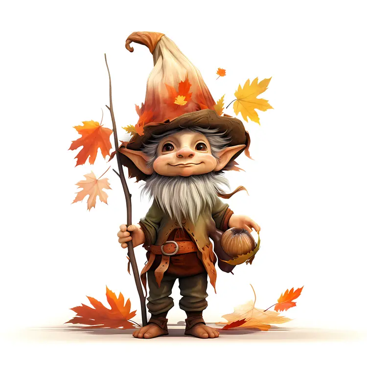 Cute Elf with Pumpkin and Autumn Leaves