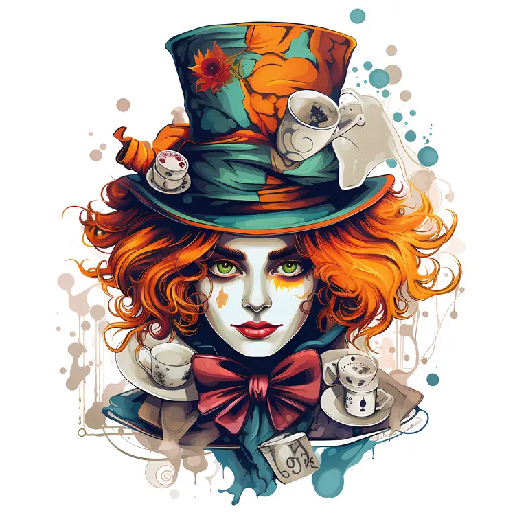 Mad Hatter with Teacups and Colorful Hat