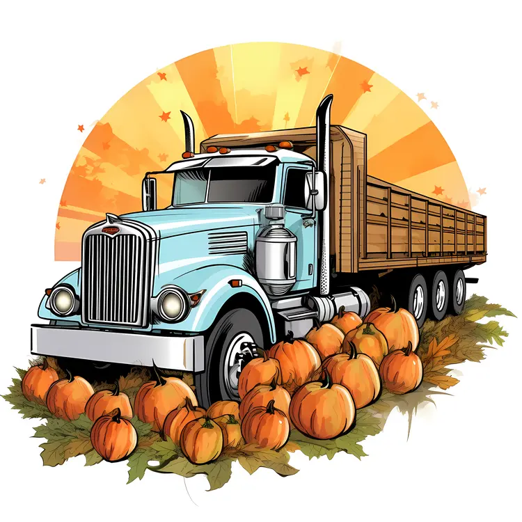 Blue Truck with Pumpkins and Autumn Leaves