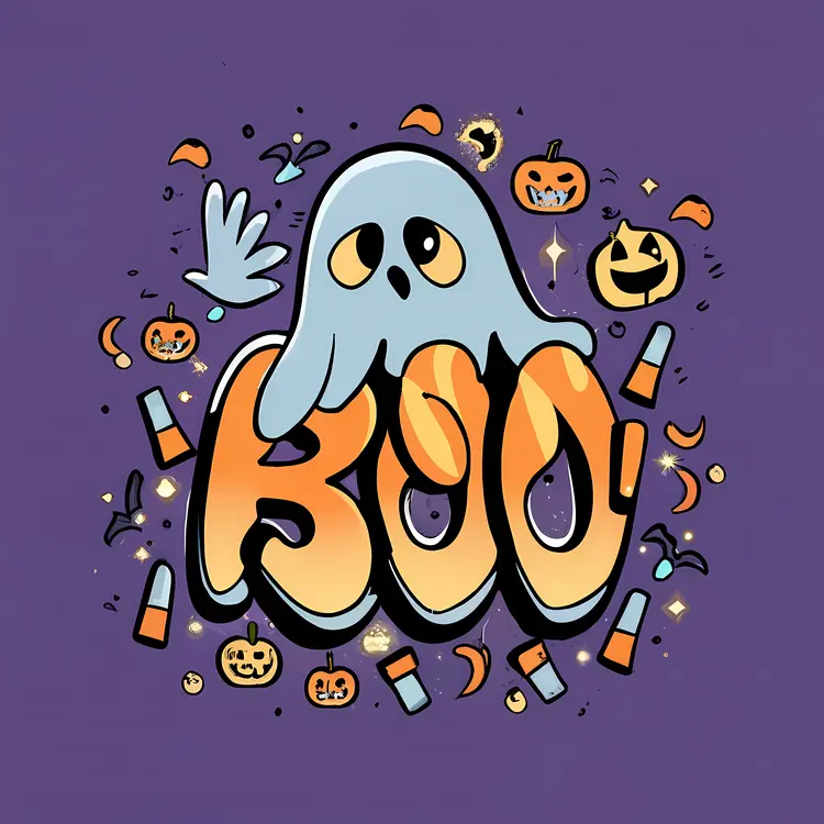 Cute Ghost with Boo and Pumpkins