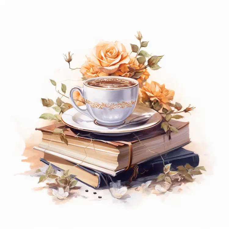 Elegant Teacup with Books and Flowers