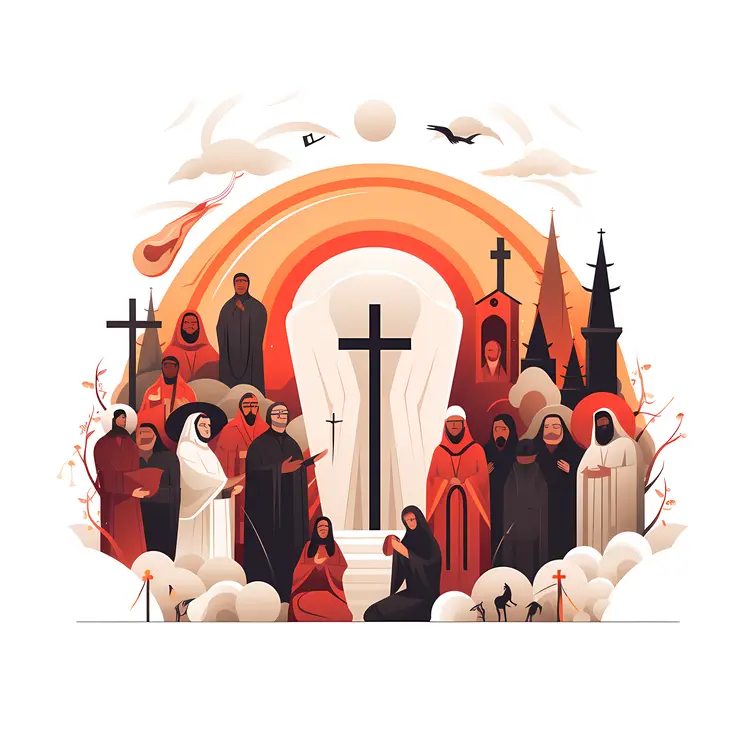 Monks and Nuns in Front of Church at Sunset