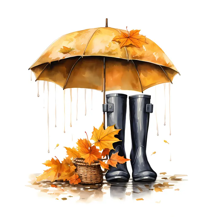 Yellow Umbrella and Boots with Autumn Leaves