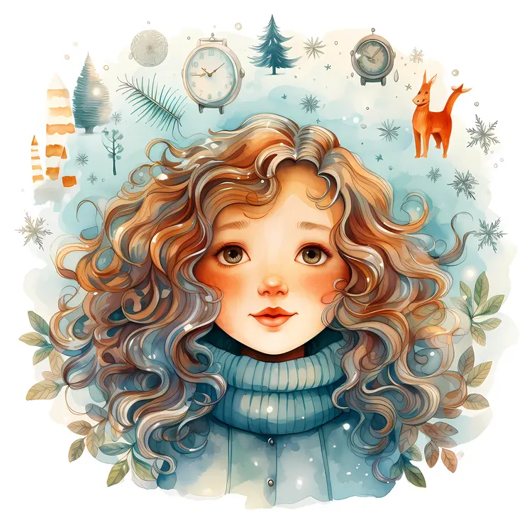 Curly Haired Girl in Winter Scene