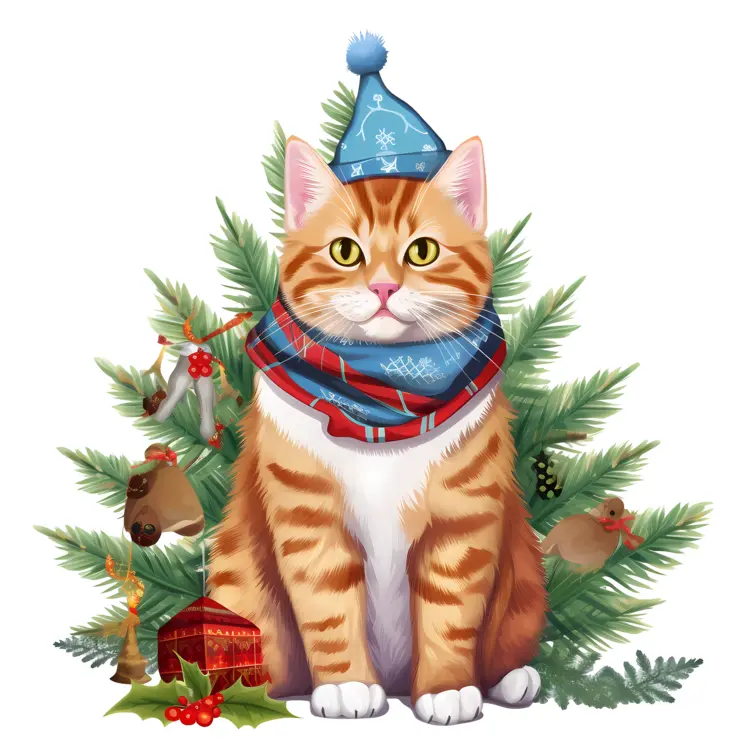 Christmas Cat with Tree Illustration